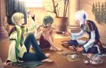  3boys arm_support barefoot blonde_hair carving crossed_ankles crossed_legs feet futsuhiko green_eyes green_hair hair_ornament hands harukanaru_toki_no_naka_de harukanaru_toki_no_naka_de_4 indian_style indoors jewelry kiske knees_up leg_up magatama magatama_necklace multiple_boys nagi_(haruka_4) necklace short_hair sitting tan toenails tools tooya_(haruka_4) white_hair yellow_eyes 