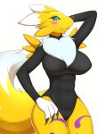  2019 anthro black_clothing black_nose black_sclera blue_eyes breasts clothed clothing digimon digimon_(species) female finger_claws fur hand_on_head hi_res kemojin looking_at_viewer monotone_clothing renamon simple_background solo white_background white_body white_ears white_fur white_tail yellow_body yellow_ears yellow_fur yellow_tail 