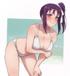  1girl bangs bikini blush breast_hold breasts cleavage collarbone commentary_request covered_nipples hair_ribbon halterneck hand_on_own_knee kazuno_sarah looking_at_viewer love_live! love_live!_sunshine!! medium_breasts navel purple_eyes purple_hair ribbon side_ponytail sidelocks smile solo swimsuit turkey_min white_bikini white_ribbon 