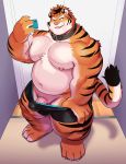  2020 anthro belly bulge clothing cute_fangs felid genitals hi_res kemono male mammal matotoma moobs navel nipples one_eye_closed overweight overweight_male pantherine penis phone solo tiger tongue tongue_out underwear wink 