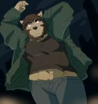  2013 anthro beard bottomwear canid canine canis clothing domestic_dog facial_hair humanoid_hands kemono male mammal night outside pants shirt solo topwear train_(artist) 