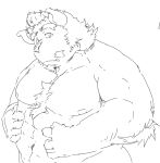  2018 anthro chernobog cute_fangs humanoid_hands kemono male monochrome musclegut nipples simple_background solo tokyo_afterschool_summoners train_(artist) video_games white_background 