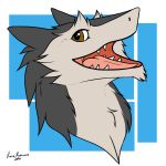  1:1 ambiguous_gender anthro blue_background brown_eyes bust_portrait fur grey_body grey_fur portrait rainingrush sergal serklon_(character) simple_background solo watermark white_background 