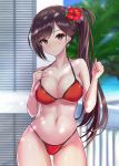  1girl aaabbbccccc absurdres azur_lane balcony bikini blurry breasts brown_eyes brown_hair cleavage commentary_request contrapposto cowboy_shot depth_of_field flower hair_flower hair_ornament hibiscus highres large_breasts long_hair looking_at_viewer red_bikini side_ponytail smile solo standing swimsuit zuikaku_(azur_lane) 