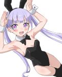  1girl :d animal_ears arms_up bangs black_hairband black_legwear black_leotard black_neckwear blush bow bowtie breasts bunny_ears bunny_pose cleavage collar detached_collar dutch_angle eyebrows_visible_through_hair fake_animal_ears groin hairband highres leotard long_hair looking_at_viewer medium_breasts new_game! open_mouth purple_eyes purple_hair smile solo strapless strapless_leotard suzukaze_aoba thigh_gap thighhighs trg-_(sain) twintails very_long_hair white_collar wing_collar wrist_cuffs 