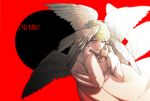  1boy asuka_ryou bangs blonde_hair blue_eyes coat commentary copyright_name devilman devilman_crybaby english_commentary highres long_sleeves looking_at_viewer male_focus manogiichi multiple_wings parted_lips red_background sleeves_past_wrists solo typo upper_body white_coat wings 