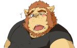  2013 anthro blush bodily_fluids clothing eyewear felid glasses kemono lion male mammal overweight overweight_male pantherine portrait shirt simple_background solo sweat tongue topwear train_(artist) white_background 