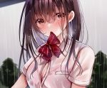  blush bow breasts brown_eyes brown_hair cleavage close cropped long_hair original rain sakura_hiyori waifu2x water wet 