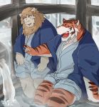  2013 anthro bathing clothing detailed_background duo eyes_closed felid humanoid_hands kemono lion male mammal pantherine robe sitting slightly_chubby tiger train_(artist) water 