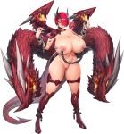  1girl :&lt; breasts chain full_body hair_over_one_eye highres huge_breasts ignis_(last_origin) lactation last_origin looking_at_viewer monster_girl navel nipple_slip nipples official_art pussy red_eyes red_hair revealing_clothes short_hair sima_(startwitch) snake solo tachi-e thick_thighs thighs transparent_background 
