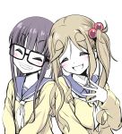  2girls absurdres black_hair blonde_hair closed_eyes commentary eyebrows_visible_through_hair fang glasses grin hair_bobbles hair_ornament highres inuyama_aoi multiple_girls n2midori oogaki_chiaki school_uniform side_ponytail skin_fang smile thick_eyebrows white_background yurucamp 