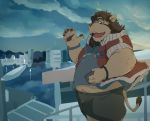  2018 anthro belly bottomwear city clothing detailed_background eyewear felid glasses humanoid_hands kemono lion male mammal navel overweight overweight_male pantherine shirt shorts solo topwear train_(artist) 
