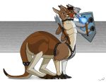  2020 axe canid cerberus collar darkwingdork european_mythology flat_colors gamerwolf greek_mythology hi_res kangaroo macropod male mammal marsupial melee_weapon multi_head multi_limb multifur mythology nisharu shield taur weapon 