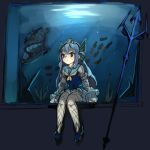  1girl animal aquarium arm_support bangs bare_shoulders black_hairband blue_dress blue_footwear blue_hair blush closed_mouth commentary detached_sleeves dress fish fishnet_legwear fishnets frilled_dress frills grey_sailor_collar hairband high_heels long_hair long_sleeves looking_away miya_(pixiv15283026) neckerchief original pantyhose polearm red_eyes sailor_collar sailor_dress sitting sketch sleeveless sleeveless_dress sleeves_past_wrists solo tiara trident very_long_hair water weapon yellow_neckwear 