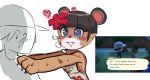  &lt;3 &lt;3_eyes accessory animal_crossing anonymous_artist anthro black_hair blue_eyes blush bodily_fluids claws drooling duo english_text female flower flower_in_hair hair hair_accessory hand_on_shoulder hi_res human june_(animal_crossing) male male/female mammal nintendo plant saliva sweat text ursid video_games villager_(animal_crossing) 