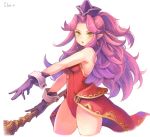  1girl absurdres angela_(seiken_densetsu_3) cropped_legs earrings gloves green_eyes hat highres jewelry leotard long_hair pointy_ears purple_gloves purple_hair seiken_densetsu seiken_densetsu_3 sho.t staff white_background 