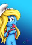  absurd_res blonde_hair blue_body blue_skin bottomless breasts clitoris clothed clothing clothing_lift female genitals hair hi_res humanoid lobogris looking_at_viewer nipples not_furry pussy shirt shirt_lift smurf smurfette solo the_smurfs tongue tongue_out topwear 