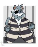  2020 absurd_res anthro big_breasts border breasts cleavage clothed clothing curvy_figure domestic_ferret empty_eyes female fur grey_body grey_fur handcuffs hi_res huge_breasts kingretrokirby mammal mouthless mustela mustelid musteline prison_uniform prisoner shackles solo super_animal_royale thick_thighs voluptuous white_border wide_hips zipper 