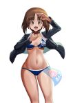  1girl :d absurdres anglerfish artist_name bangs bikini blue_bikini blue_jacket breasts brown_eyes brown_hair commentary_request emblem girls_und_panzer hand_on_own_throat highres jacket korean_commentary long_sleeves looking_at_viewer medium_breasts military military_uniform nishizumi_miho no_pants ooarai_(emblem) ooarai_military_uniform open_clothes open_jacket open_mouth print_bikini salute short_hair signature simple_background skindentation smile solo standing swimsuit throat_microphone uniform white_background wind ydg_(eorbsaos1004) 