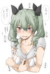  1girl anchovy_(girls_und_panzer) bangs bikini black_ribbon blush breasts cleavage commentary cropped_torso drill_hair elf_(stroll_in_the_woods) girls_und_panzer green_hair grey_shirt hair_ribbon half-closed_eyes heart highres long_hair looking_at_viewer medium_breasts open_mouth red_eyes ribbon shirt shirt_tug short_sleeves simple_background smile solo sweat swimsuit translated twin_drills twintails white_background white_bikini 