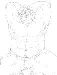  2018 anthro asterios barazoku bottomwear bovid bovine cattle clothing cute_fangs kemono male mammal monochrome muscular nipples pants pecs simple_background solo tokyo_afterschool_summoners train_(artist) video_games white_background 
