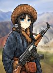  ak-47 artist_name assault_rifle black_hair blue_eyes blurry commentary depth_of_field freckles fur_hat fur_trim gun hair_ornament hat highres long_hair looking_at_viewer mountain original rifle sash serious sidelocks sky sling watermark weapon zap-nik 