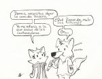  anthro canid canine canis clothing comic dennis domestic_cat dress duo eating el_se&ntilde;or_erizo eyelashes felid feline felis female food hi_res humor male mammal scarf spanish_text speech_bubble suzette text torn_clothing wolf 