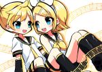  1boy 1girl bangs bare_shoulders beamed_eighth_notes black_collar black_shorts black_sleeves blonde_hair blue_eyes bow collar commentary detached_sleeves eighth_note feet_out_of_frame hair_bow hair_ornament hairclip highres kagamine_len kagamine_rin kasakisakura knees_up leg_warmers looking_at_another musical_note musical_note_background neckerchief necktie open_mouth quarter_note sailor_collar school_uniform shirt short_hair short_ponytail short_shorts short_sleeves shorts side-by-side sitting smile spiked_hair staff_(music) swept_bangs vocaloid white_background white_bow white_shirt yellow_neckwear 