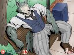  2020 anthro beastars bench black_nose bottomwear canid canine canis clothing footwear hi_res legoshi_(beastars) looking_at_viewer male mammal masterelrest muscular necktie pants shirt shoes sitting solo topwear tree vest wolf 