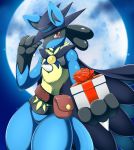  2019 anthro blue_body cape chest_spike clothed clothing fur furgonomics gift_box gloves_(marking) hat headgear headwear hi_res holding_gift holding_hat holding_object kemojin light_fur looking_at_viewer lucario markings moon nintendo open_mouth pok&eacute;mon pok&eacute;mon_(species) solo spikes video_games yellow_body yellow_fur 