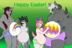  2020 4_eyes anthro belly big_belly big_bulge black_hair blue_eyes blush bulge canid canine canis clothing demon easter english_text felid fur girly green_background grey_body grey_fur group hair holidays horn lagomorph larger_male leporid long_hair male male/male male_pregnancy mammal markings multi_eye muscular muscular_male paint painting pantherine pink_body pink_fur pink_hair pregnant purple_eyes rabbit simple_background size_difference smaller_male snow_leopard standing teal_eyes text underwear white_hair wolf xana7274 