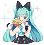  1girl aqua_eyes aqua_hair aqua_neckwear arami_o_8 bagel black_bow black_dress bow cable cheese commentary_request cropped_torso dress eating food gloves hair_bow hair_ornament ham hands_up hatsune_miku headphones holding holding_food hoop_skirt korean_commentary lettuce long_hair magical_mirai_(vocaloid) necktie open_mouth sandwich short_necktie signature sleeveless sleeveless_dress solo sparkle_background tomato twintails very_long_hair vocaloid white_background white_gloves 