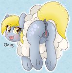 absurd_res anus blush cloud derpy_hooves_(mlp) dialogue equid equine female feral friendship_is_magic genitals hi_res horse looking_back mammal miss-jessiie my_little_pony pony pussy rear_view solo stuck 