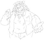  2018 anthro arsalan belly bottomwear clothing felid humanoid_hands kemono lion male mammal monochrome overweight overweight_male pantherine pants phone shirt simple_background solo tokyo_afterschool_summoners topwear train_(artist) video_games white_background 