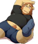  2014 anthro belly blush bulge clothing eyewear felid glasses humanoid_hands kemono lion lying male mammal overweight overweight_male pantherine shirt simple_background solo topwear train_(artist) underwear white_background 