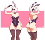  1girl absurdres black_blindfold black_leotard blindfold bow bowtie breasts bunny_tail cuffs highres leotard lips looking_back medium_breasts mole mole_under_mouth nier_(series) nier_automata parted_lips rizdraws short_hair tail white_hair white_tail yorha_no._2_type_b 