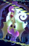  2020 absurd_res apple bat_pony digital_media_(artwork) english_text equid eyelashes fangs female feral flutterbat_(mlp) fluttershy_(mlp) food friendship_is_magic front_view fruit full_moon hi_res hooves looking_at_viewer mammal moon my_little_pony night nymphelie outside plant smile text upside_down wings 