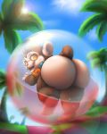  2020 4:5 aiai anthro backpack big_butt bitfly blush blush_stickers bottomless brown_body brown_fur butt checkered_floor clothed clothing cloud detailed_background feet fur hamster_ball haplorhine hi_res lens_flare looking_back low-angle_view male mammal monkey motion_blur open_mouth orange_clothing orange_shirt orange_topwear palm_tree partially_clothed primate rear_view running shirt signature sky smile solo sun super_monkey_ball tan_body tan_skin teeth thick_thighs topwear tree video_games 