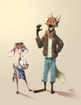  2018 anthro barefoot bottomwear brown_body brown_fur canid canine capreoline cervid cheek_tuft clothed clothing duo eyewear facial_tuft female fully_clothed fur head_tuft hi_res hotpants light lighting male mammal maned_wolf pud&uacute; shadow shirt shorts standing sunglasses tank_top topwear tuft vulpesvant wave 