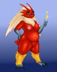  2020 absurd_res anthro areola belly black_pupils blaziken blue_eyes exelzior exelzior-maximus eyelashes feather_tuft feathers female genitals hand_on_butt hi_res multicolored_body multicolored_feathers neck_tuft nintendo nipple_piercing nipples piercing pink_areola pink_nipples pok&eacute;mon pok&eacute;mon_(species) pussy red_tail scuted_arms solo standing tuft video_games yellow_body yellow_feathers 