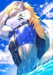  anthro black_nose blonde_hair blue_sky blush bound canid canine canis clothed clothing cloud collar ear_piercing ear_ring fenrir_(housamo) hair hozunomi looking_back low-angle_view male mammal partially_submerged piercing rope rope_bondage rope_harness sky solo swimwear tokyo_afterschool_summoners touching_hair video_games water wet wolf 