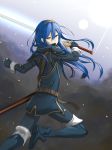  1girl absurdres black_gloves black_pants blue_eyes blue_hair falchion_(fire_emblem) fingerless_gloves fire_emblem fire_emblem_awakening floating_hair gloves hair_between_eyes hairband highres holding holding_sword holding_weapon long_hair long_sleeves looking_at_viewer lucina_(fire_emblem) pants shiny shiny_hair solo straight_hair sword tim86231 very_long_hair weapon yellow_hairband 