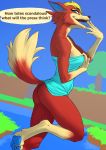  4_toes 5_fingers absurd_res animal_crossing anthro audie_(animal_crossing) barefoot blonde_hair blue_eyes bottomless butt canid canine canis clothed clothing day detailed_background dipstick_tail english_text female fingers fur hair hi_res ldr mammal multicolored_tail nintendo open_mouth outside paws red_body red_fur sky solo teeth text toes tongue video_games wolf 