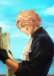  1boy artist_name ascot bangs black_gloves blonde_hair blue_sky clenched_teeth closed_eyes cloud from_side gloves holding holding_newspaper long_sleeves male_focus newspaper ocean one_piece outdoors sabo_(one_piece) scar short_hair sky smile solo teeth tsuyomaru upper_body wavy_hair white_neckwear 