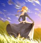  1girl absurdres ahoge apron artoria_pendragon_(all) bangs barefoot blonde_hair blue_dress blue_sky blurry_foreground closed_mouth cloud day dress eyebrows_visible_through_hair fate/stay_night fate_(series) floating_hair grass green_eyes highres long_dress long_hair long_sleeves looking_at_viewer looking_back nw_0925 outdoors saber shiny shiny_hair sky smile solo walking white_apron 
