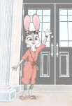  2020 anthro barefoot blush bracelet clothed clothing disney door fully_clothed fur gesture grey_body grey_fur hb_runo hi_res jewelry judy_hopps lagomorph leporid mammal open_mouth open_smile outside purple_eyes purse rabbit ring smile solo standing waving zootopia 