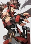  1boy 55level arm_strap bared_teeth belt belt_buckle brown_hair buckle forehead_protector glowing glowing_eyes guilty_gear guilty_gear_xrd headband highres holding holding_sword holding_weapon junkyard_dog_mk_iii long_hair looking_at_viewer male_focus muscle nose planted_sword planted_weapon ponytail sol_badguy solo sword veins very_long_hair weapon yellow_eyes 