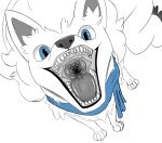  2020 4_fingers 4_toes ambiguous_gender blue_eyes blue_scarf canid canine chest_tuft digital_drawing_(artwork) digital_media_(artwork) emberflame_(tavin_forchune) fan_character fangs feral fingers first_person_view fur hair hi_res high-angle_view looking_at_viewer looking_up mammal mouth_shot ninetales nintendo open_mouth paws pok&eacute;mon pok&eacute;mon_(species) presenting presenting_mouth randomlucario scarf shaded simple_background solo throat toes tongue tuft video_games white_background 