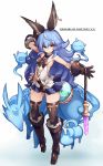  1girl animal_ears arm_up armpits ass_visible_through_thighs backless_outfit bangs blue_hair blue_skirt breasts brown_footwear brown_gloves brown_legwear bunny_ears closed_mouth earrings erune eyebrows_visible_through_hair ferry_(granblue_fantasy) full_body ghost gloves granblue_fantasy hair_between_eyes highres jewelry karukan_(monjya) long_hair looking_at_viewer round-bottom_flask sideboob simple_background single_earring skirt sleeveless small_breasts solo thighhighs very_long_hair wavy_hair whip 