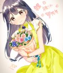  1girl ahoge alternate_costume black_hair blush bouquet brown_eyes closed_mouth dress flower gradient gradient_background hatu_xxgoukan holding holding_bouquet kantai_collection long_dress long_hair looking_at_viewer multicolored_flower short_sleeves smile solo ushio_(kantai_collection) wedding_dress yellow_dress 
